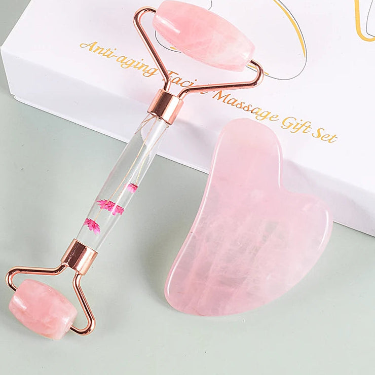 Zestaw do masażu twarzy: Roller + Gua Sha z naturalnego kamienia