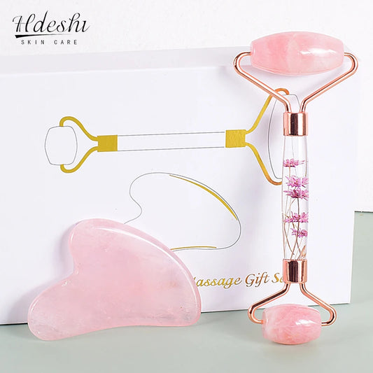 Zestaw do masażu twarzy: Roller + Gua Sha z naturalnego kamienia