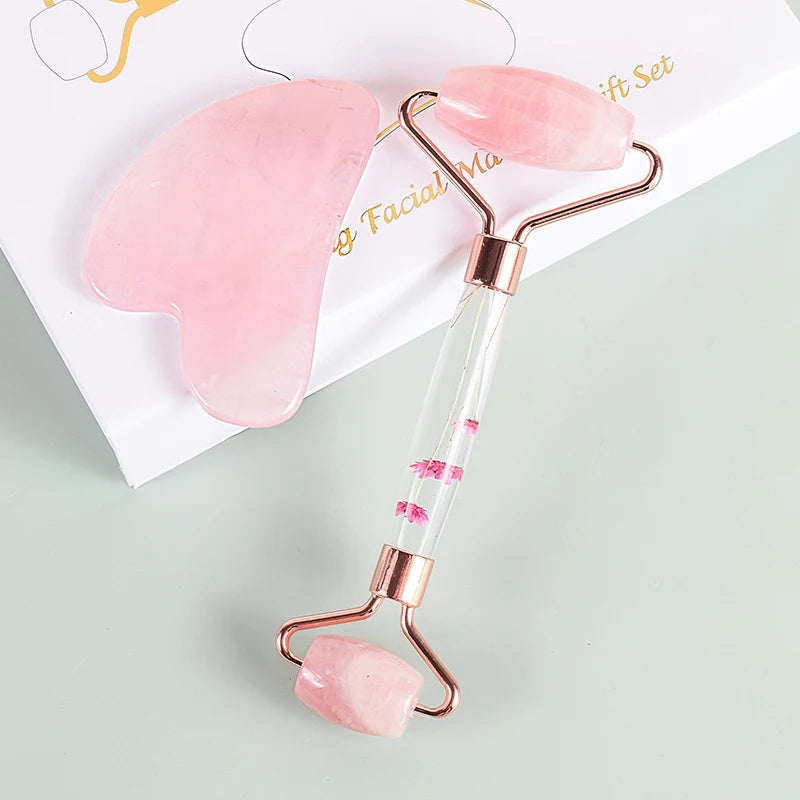 Zestaw do masażu twarzy: Roller + Gua Sha z naturalnego kamienia